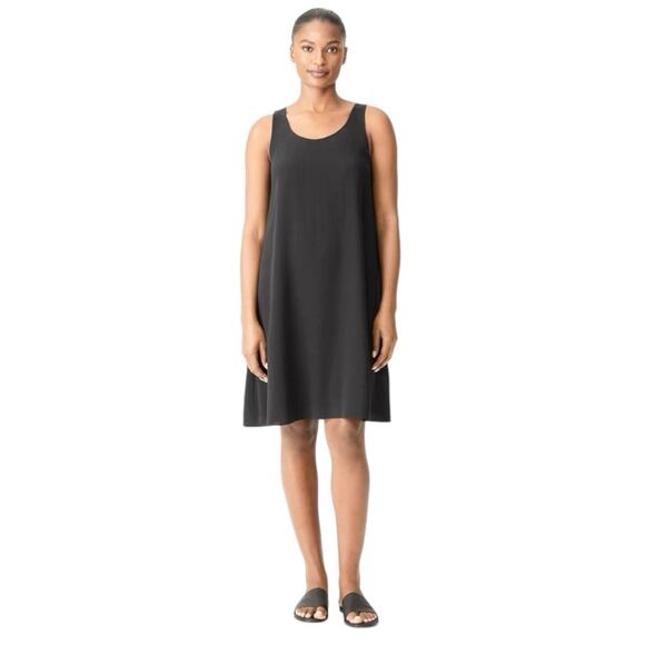Eileen Fisher Silk Georgette Crepe Scoop Neck Dress Brown - Picture 7 of 7